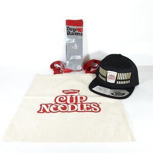 NISSIN FOODS CUP NOODLES FLEXFIT 110 HAT W/ TOTE BAG & TOP RAMEN SOCKS BRAND NEW